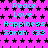 A static image with a bright pink background covered in black stars, displaying repeated text in cyan: Peace, Love, Happiness, Sarah <33.