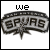 Animated sequence of a Spurs logo with evolving text above and below, showing progressive letter changes in pixelated font.