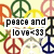 Pixelated image with multiple peace signs in various colors surrounding text reading 'peace and love <33' on a light background.