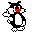 Pixelated black-and-white cat with red nose and mouth, standing against gray background in two poses showing arm movement.