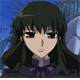 Anime-style character with long dark hair and purple eyes, wearing a dark coat with a purple bow, against a blue background with tree branches.