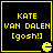 Four identical pixel-art display yellow text on black with a Pac-Man icon, each reading 'KATE VAN DALEN [gosh!]' in blocky font