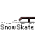 Pixelated animation of a character in red shirt and white head performing actions on a brown bench with snow effects, text "SnowSkate" repeated below.