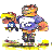Pixelated static image of two anime-style characters standing side-by-side on a yellow base, one with blonde hair and blue clothing holding an object, the other larger character in purple shirt and dark shorts.