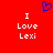Red background with white text "I Love Lexi" in two identical vertical and a blue pixelated heart symbol above the left