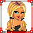 Pixel art with red border containing two blonde female characters, text elements, and red symbols on white background