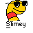 Pixelated yellow cartoon character with black sunglasses and red chest patch, gray background, text 'Slimey' below left and 'Instant Icons .com' right.