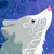 A stylized wolf head with a pink nose and black eye against a blue background, shown in three with the wolf's head turning left to right