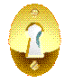 Animated sequence of golden keyhole-shaped icons with blue and white figures visible through the keyhole, showing sequential changes in the figures' positions and expressions.
