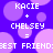 Pixelated graphic with purple background and light purple circles displaying text 'KACIE + CHELSEY = BEST FRIENDS' in white block letters.