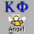 Blue Greek letters K and Φ above a pixelated angel with yellow wings, halo, and robe on gray background.
