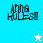 Pixelated text 'Anha RULEs!!' on blue and white backgrounds with a star symbol changing color.
