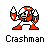 Pixel art character in red and white armor with white gloves, holding white flame-like objects, standing in a dynamic pose above the text 'Crashman' on a gray background.