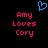 Blue pixelated heart symbol above pink text reading 'Amy Loves Cory' on black background.