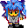 Pixelated character with blue hair, yellow face, green eyes, red accents, gray armor, and black boots in two side-by-side poses.