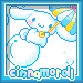 A pixelated white rabbit with blue eyes and pink cheeks holds a yellow and blue striped umbrella, floating above a gray background with blue circular patterns and the text "cinnamoroll" at the bottom.