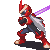 Pixel art character in red armor with white cape performing sequential sword strikes against gray background.