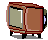 Pixelated TV-shaped icon with brown casing and black legs, displaying various animated scenes including a figure in green pants, blue water-like shapes, red objects, and text.