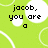 Green background with white circles and curved lines, featuring pixelated text in speech bubbles.