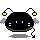 Four pixel-art frames of a black spherical character with yellow antennae lights, white eyes, and gray wings on a light gray background.