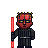Pixel art of a red-skinned character with yellow eyes, black vertical stripes on the face, and yellow-tipped black horns, holding a red lightsaber against a gray background.