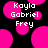 Pixelated text reads 'Kayla Gabriel Frey' over bright pink circles on a black background.