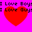 Pixelated red heart on bright pink background with repeated text "I Love Boys" and "I Love Guys" in black block letters.