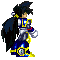 Pixel art character with black spiky hair and blue lightning effects, wearing blue and yellow armor with a large black wing, shown in three sequential poses against a gray background.