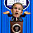 Static pixelated icon of a person standing behind a podium with blue vertical stripes and white circular elements in the background.