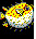 Yellow cartoon fish with red spots, white underbelly, and black eyes on dark background; left side shows more scattered particles than right.