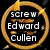 Golden circular emblem with broken arrow design contains text reading screw Edward Cullen, I'm marrying, Peeta Mellark on black background.
