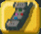 A yellow rounded square icon with a dark gray object featuring colored dots on a black background.