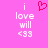 Pixelated pink background with white text 'i love will <33' and a red heart symbol above the text.