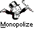 Pixelated figure in black and white attire with arms extended, holding a sword-like object above its head against gray background.