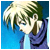 Pixelated anime-style character with light brown hair and green highlights, wearing a dark blue jacket over white shirt against solid blue background.