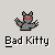 Pixelated gray cat-like figure with red eyes and black accents, arms raised in a clawed gesture, below text reading "Bad Kitty" on light gray background.