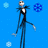 Pixelated character with long limbs and a white mask-like face stands against blue background, surrounded by light and dark blue snowflake shapes.