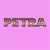 Pixelated text spelling 'PETRA' in brown tones on a solid pink background with no additional elements.