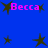 Blue background with pink text 'Becca' and black star shapes in various positions.
