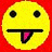 Two yellow smiley faces on red background: left face sticks out pink tongue, right face winks with curved mouth.