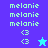 Pixelated text 'melanie' repeated three times above two '<3' symbols and a star symbol on blue and purple backgrounds.