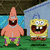 Pixelated cartoon characters including a pink starfish and yellow sponge in multiple poses with green text on purple background.