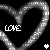 Two silver heart-shaped outlines with pixelated text 'LOVE' inside each, one white and one pink heart symbol below on black background.