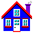 Pixelated blue house with red trim, white door, and purple chimney emitting smoke in three variations showing window color changes.