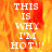 Pixelated text 'THIS IS WHY I'M HOT!!!' on a fiery orange-yellow background with visible pixelation and color bleeding.