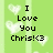 Green background with pixelated white hearts and black text reading "I Love You Chris!" followed by a heart symbol.