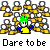 Pixelated character with green spiky hair, yellow shirt, blue sleeves, and white face stands before repeating yellow-and-white patterned background with text "Dare to be Different" below.