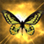 Pixelated butterfly with green and black wings against a golden-yellow gradient background, wings spread horizontally.