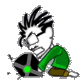 Animated sequence of a cartoon character with spiky black hair, green shirt, brown pants, and white shoes holding a black-and-gray object with a glowing green center.