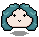 Pixelated character with teal hair and closed eyes in two states: first state has a small V-shaped mouth, second state shows a slightly wider V-mouth.